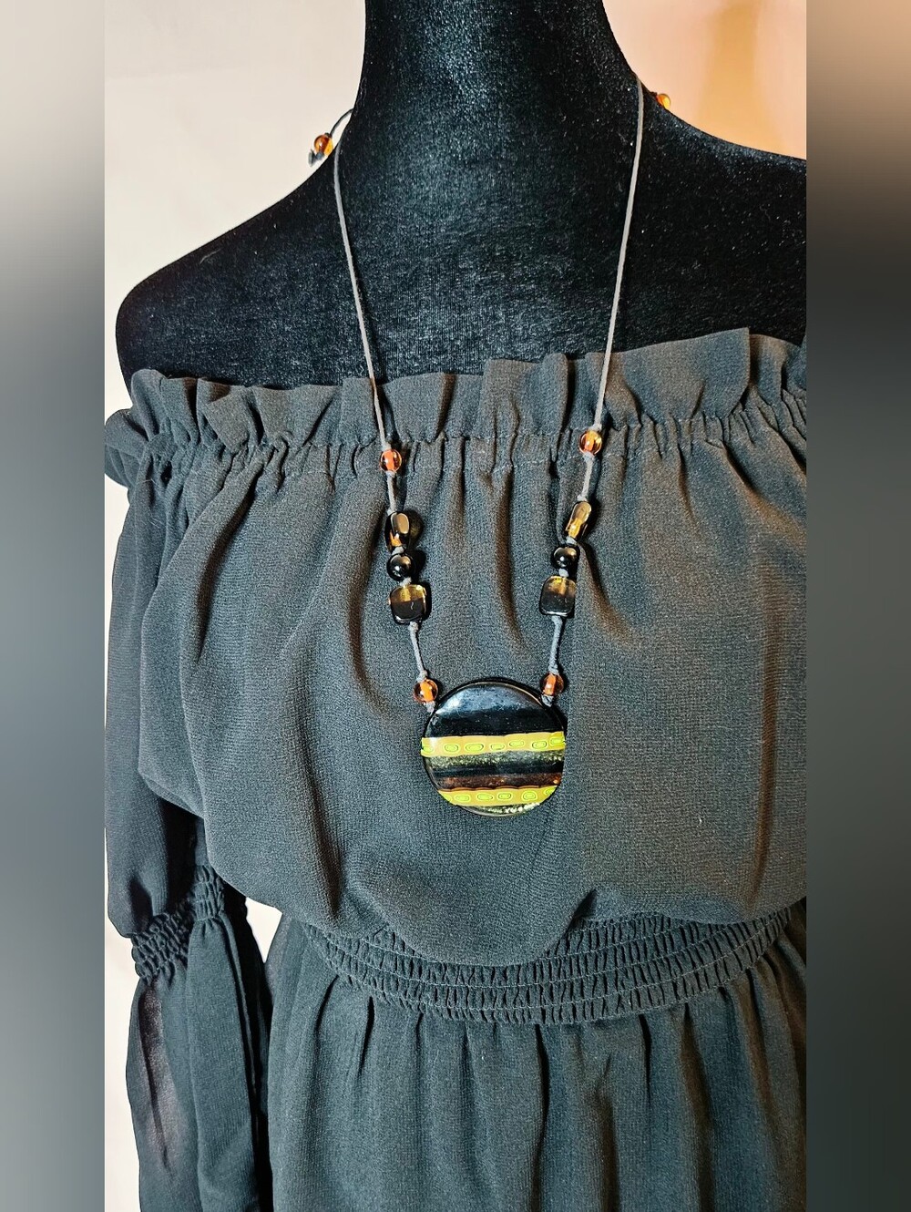 Vintage Art Glass Statement Necklace Adjustable Cord Striped Pendant